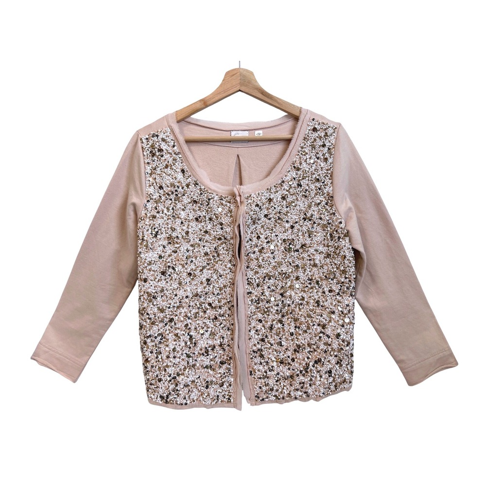 Anthropologie Cardigan Women Medium Pink Blush White Bead Boho Cottage Wedding